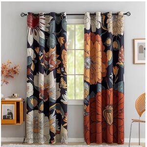 6 Gorgeous Floral Black Panels - Curtains with Cream Blooms - 52Wx84L